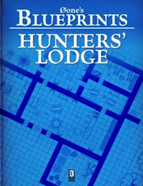 Øone's Blueprints Hunters' Lodge PDF, a detailed blue architectural map with grid pattern, various symbols, and small icons, offering comprehensive layout design for planning and construction of a hunters' lodge, with digital document download.