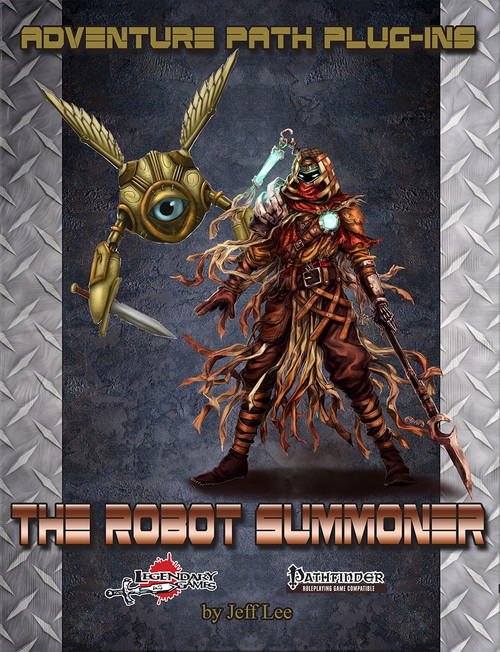 The Robot Summoner PDF for Pathfinder Roleplaying Game, a Magic and Machines variant class featuring glowing blue eyes and sword amidst metallic elements and logos by Jeff Lee.