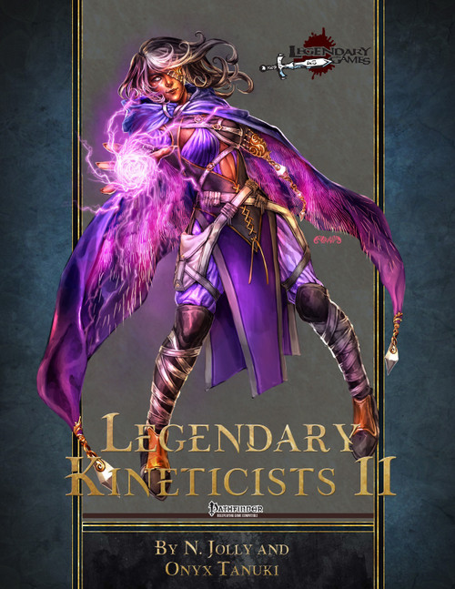 Pathfinder Legendary Kineticists II PDF cover art featuring a female kineticist in purple attire, showcasing kinetic powers, against a backdrop of kinetic mystic elements, with N. Jolly and Onyx Tanuki's artwork, designed for pathfinder game systems.