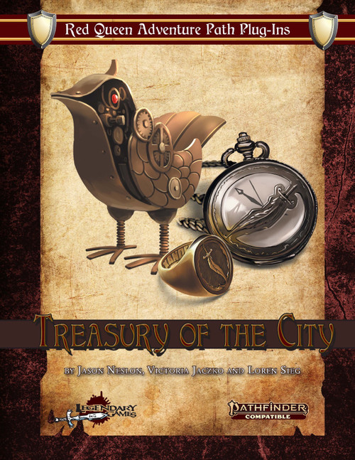 Treasury of the City Pathfinder Second Edition magic items collection, featuring 36 urban fantasy magic items, including toxic scabbard, forgetful sap, cryptwarden's plate, and roofrunner's buckler, compatible with Red Queen Adventure Path.