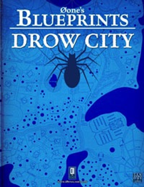 Drow City PDF blueprint map featuring Øone's Blueprints brand, a dark blue spider on a blue map background with lighter blue dots and white text, 1 downloadable PDF document.
