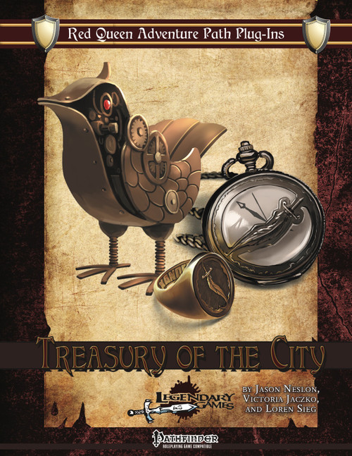 Treasury of the City PDF: a steampunk-style bird figurine and pocket watch on an aged parchment background, featuring urban fantasy magic items and Red Queen Adventure Path Plug-Ins, 12x12 inch, with brown and gold hues.
