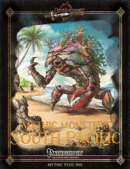 Mythic Monsters 49: South Pacific PDF cover art showcases a tropical beach creature with a crusty shell and claws, set against a palm tree and ocean backdrop featuring Legendary Games and Pathfinder logos.