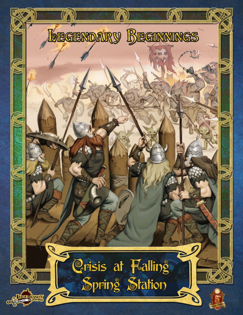 Crisis at Falling Spring Station (5E) PDF cover, medieval fantasy adventure module for D&D, gold accents on blue background, featuring soldiers and creatures in a battle scene, includes D&D 5th edition game module and digital PDF content.