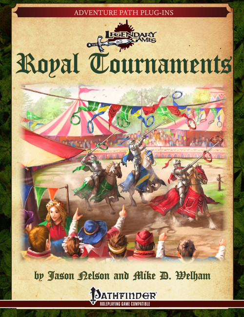 Pathfinder adventure, Royal Tournaments PDF, featuring knights on horseback in a medieval tournament setting with colorful flags and cheering crowds, an iconic fantasy moment from 'Days of Wine, Roses, and Glory'.