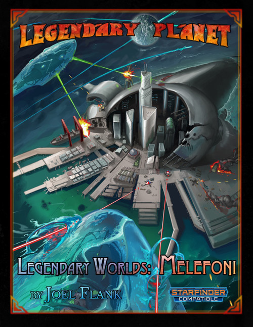 Melefoni Starfinder PDF cover artwork featuring a futuristic ocean planet with a ruined colony ship, showcasing sci-fi elements and underwater adventure themes compatible with the Starfinder game, includes planetary gazetteer and new monsters.
