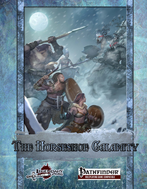 Cold as Winter's Heart, a 7th-level Pathfinder RPG adventure, featuring a snowy clash between centaurs and humans. Includes the Horseshoe Calamity PDF and a full moon landscape with Legendary Games and Pathfinder logos.