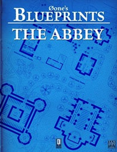 Øone's Blueprints: The Abbey PDF architectural plans featuring blue diagrams on a lighter blue background, with white title text and subtle symbols, a product by Øone's detailed designs for tabletop RPG games.