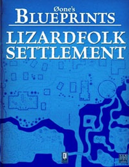Øone's Blueprints: Lizardfolk Settlement PDF, a fantasy PDF map featuring a blue gradient background with detailed illustrations of structures and waterways, white text, and a blue map.