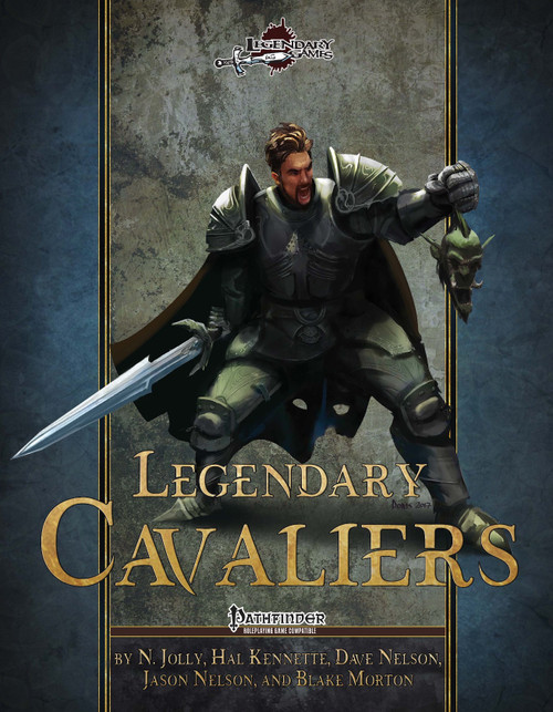 Pathfinder Legendary Cavaliers PDF cover features a knight in armor with sword and cape, Pathfinder logo on a gray background with gold text, showcasing a class-focused player supplement for cavalry warfare.