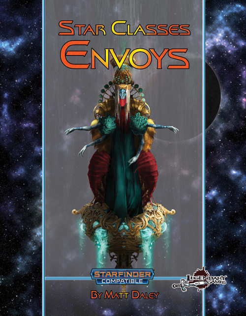 Star Classes: Envoys (SFRPG) PDF cover featuring a regal alien figure in green and gold attire with a galaxy background, compatible with Starfinder RPG, expanding the possibilities of Envoys class rules.
