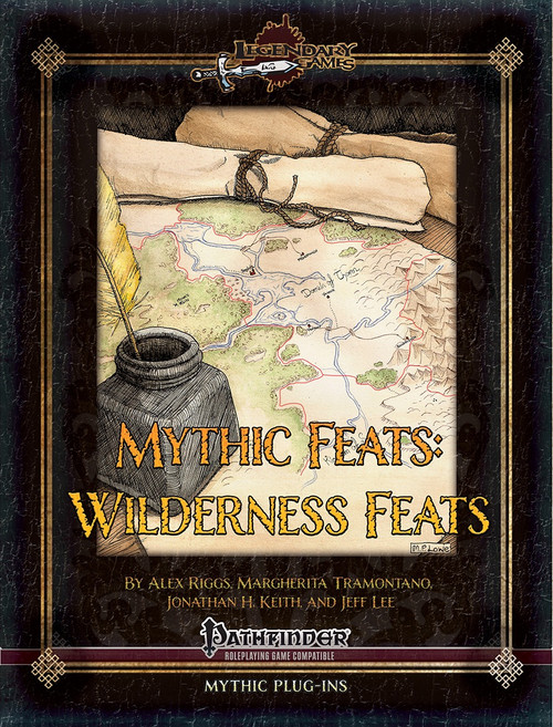 Pathfinder Roleplaying Game compatible PDF, Mythic Feats: Wilderness Feats, in a 4-page format, presented in a black and gold design with illustrations of maps and parchment, featuring a wilderness theme.