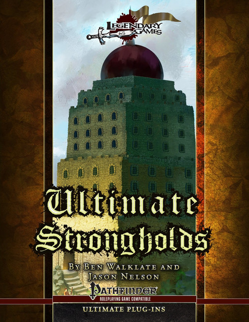 Ultimate Strongholds (PFRPG) PDF cover art features a medieval fortress with a red dome on a brown and gold background, showcasing a collection of fantastic fortifications for the Pathfinder Roleplaying Game and siege warfare equipment.