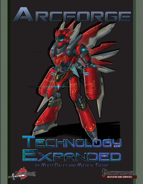Arcforge: Technology Expanded (PFRPG) PDF. A 12-page dark background illustration featuring a red and silver mecha robot with glowing blue eyes, highlighting Pathfinder roleplaying game tech and mech options.