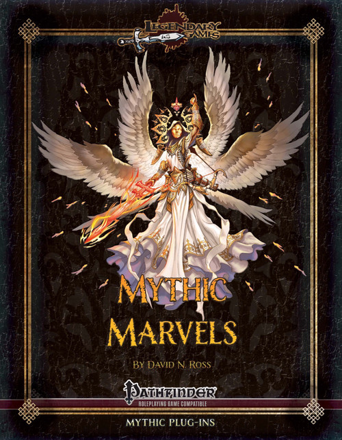 Pathfinder Roleplaying Game supplement, Mythic Marvels (PFRPG) PDF, featuring a heroic warrior with white wings and gold accents, with dark background and the brand logo, a useful tool for RPG campaigns.