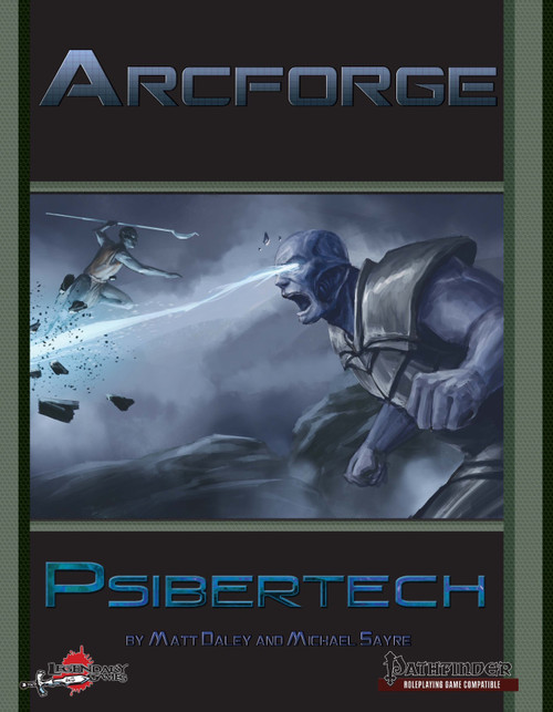 Pathfinder Roleplaying Game psionic technology PDF cover, Arcforge Psibertech, featuring a humanoid and a tech-enhanced fighter, set against a dark background with rocks and blue tones, showcasing high-tech psionic disciplines.