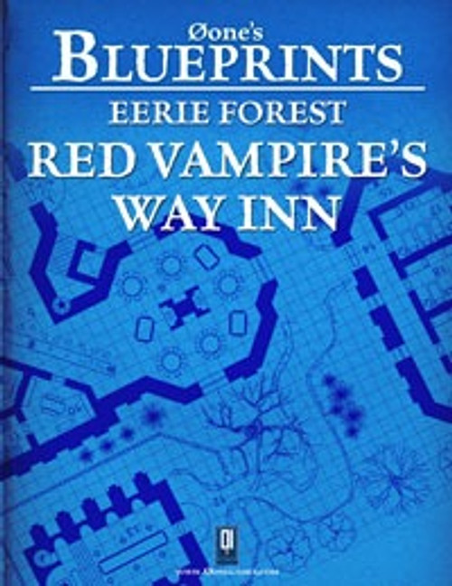 Øone's Blueprints: Eerie Forest - Red Vampire's Way Inn PDF, a digital architectural map featuring grid pattern, dark blue lines and shapes, and white text on a lighter blue background, PDF format printables.