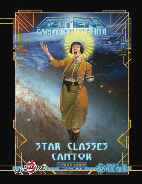 Starfinder Roleplaying Game, Cantor PDF, 20-level base class with magic and mysticism, featuring a woman in an orange coat and green skirt against a galaxy background, with yellow halo and raised hand.