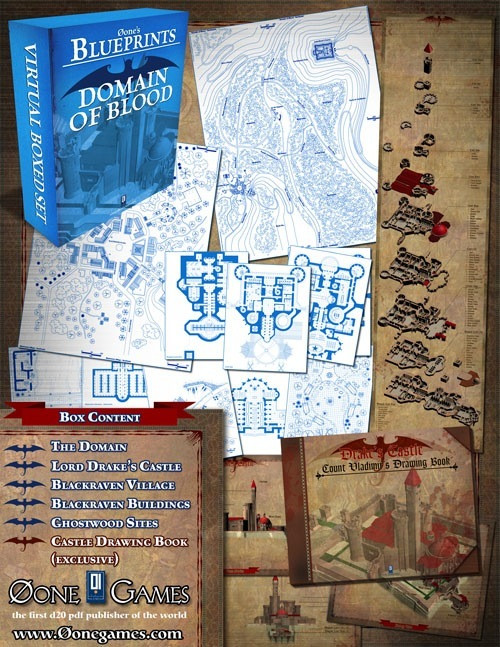 Domain of Blood - Virtual Boxed Set PDF from One Page Games, featuring blueprints and maps for tabletop gaming, on a wooden background with tokens and dice, includes Lord Deake's Castle and Blackraven Village designs.