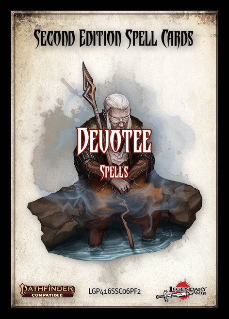 Second Edition Spell Cards: Devotee Spells PDF, a set of PF2 compatible cleric spell cards, featuring a clerics' meditative scene with a spear, by Lightbound Games, in a digital format, suitable for printing or digital use.