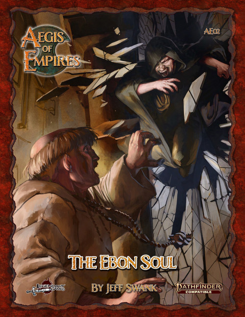 Aegis of Empires 2: The Ebon Soul (PF2) PDF cover featuring a hooded figure in black and a man in brown on a red background with gold text, a fantasy role-playing game product by Jeff Swank.