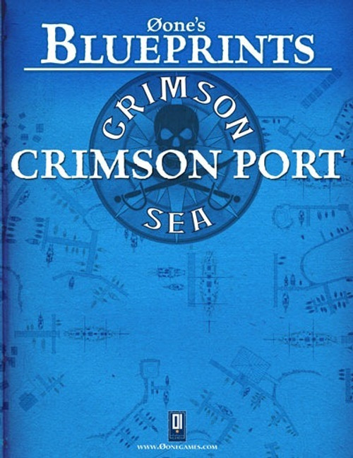 Nautical-themed PDF of Øone's Blueprints: Crimson Sea - Crimson Port, featuring a detailed map, Øone Games logo, and a blue cover with skull and crossbones, ship's wheel, and white text.