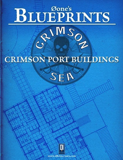 Øone's Blueprints: Crimson Sea PDF, featuring a blue architectural blueprint with a skull and crossbones emblem, showcasing crimson port buildings on a sea backdrop, including blueprint dimensions and website URL for download.