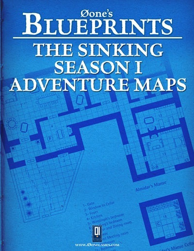 The Sinking - Season I Adventure Maps PDF by Øone's Blueprints, featuring blue architectural maps with white text, detailed layouts for adventure games and a blue background format.