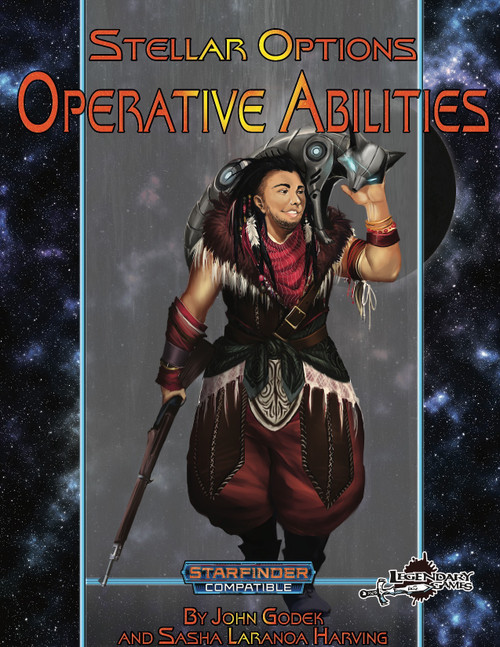 Stellar Options #5 Operative Abilities PDF cover, featuring a futuristic operative in red and brown attire with staff and device, on a starry background, compatible with Starfinder RPG, a rules expansion by John Godek and Sasha Laranoa Harving.