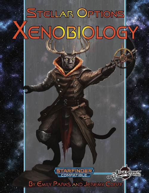 Stellar Options #13: Xenobiology PDF cover features a horned alien in a brown coat on a starry background, with a red and yellow title, by Emily Parks and Jeremy Corff, Starfinder compatible, zoology rules expansion.
