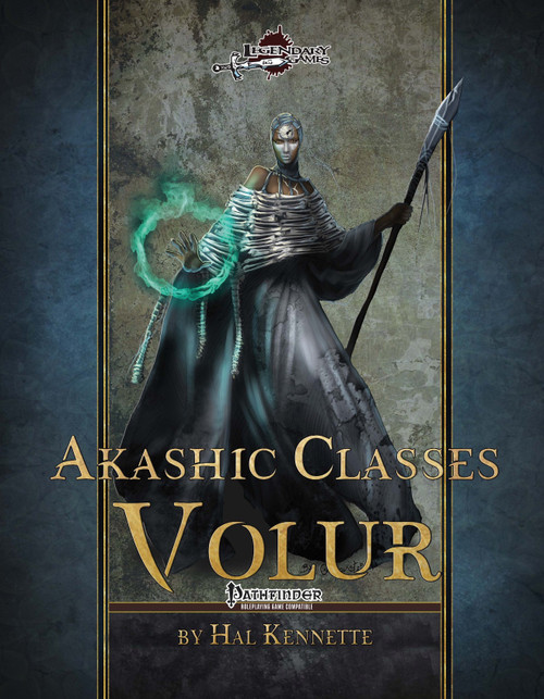 Akashic Classes: Volur PDF, 1-page PDF download, a Pathfinder Roleplaying Game supplement featuring dark blue and gold design, a mystic figure and glowing orb, for use with Pathfinder RPG by Hal Kennette.