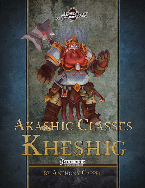 Pathfinder roleplaying game supplement Akashic Classes: Kheshig PDF, featuring a muscular warrior in grey armor and a dark blue background with gold text.