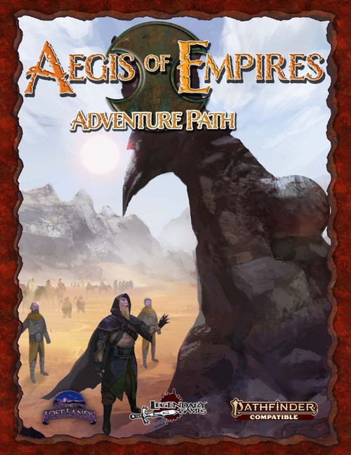 Aegis of Empires Adventure Path PF2E PDF cover, featuring a fantasy scene with a bird-like creature, robed figure, and desert landscape, in gold, orange, and brown.