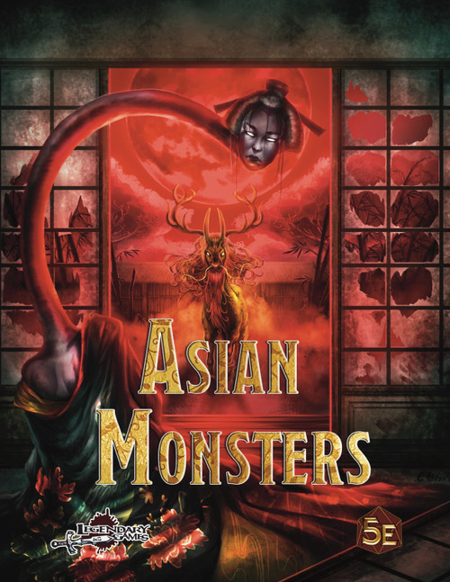 112-page Dungeons & Dragons 5E monster book cover featuring Asian folkloric creatures, a red background, and gold lettering, published by Holodeck Press as Asian Monsters (5E) PDF, part of 5th edition campaigns.