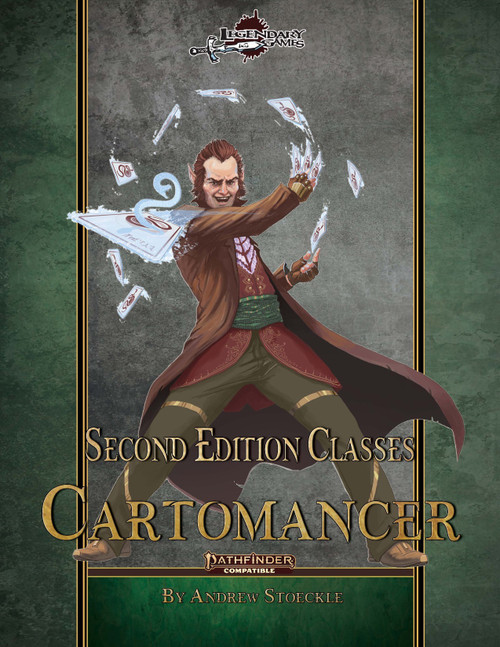 Cartomancer PDF Second Edition guide, a Pathfinder compatible book featuring a mystical gambler casting spells with a deck of cards on a green background, 64 pages, full-color.