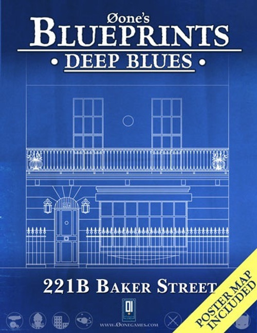 Deep Blues: 221B Baker Street PDF blueprint, 1:100 scale, featuring a detailed architectural drawing of Sherlock Holmes' iconic London residence, illustrated in blue tones, from One's Blueprints series collection.