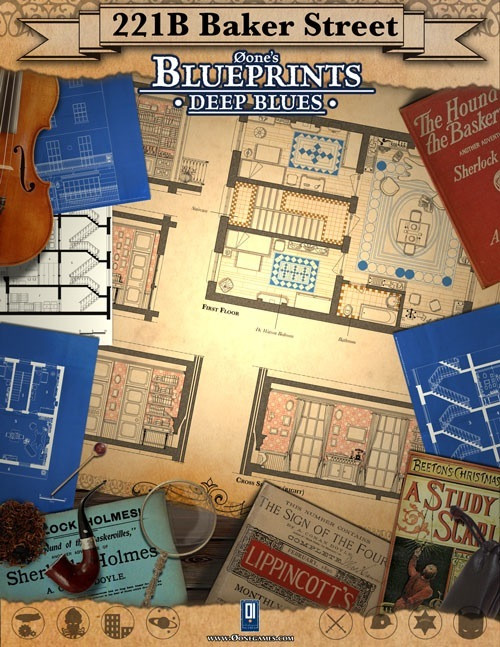 Deep Blues: 221B Baker Street PDF floor plan collage featuring Sherlock Holmes blueprints, vintage book covers and a violin in blue and beige tones, printed on 8.5 x 11 inch paper with a standard landscape layout.