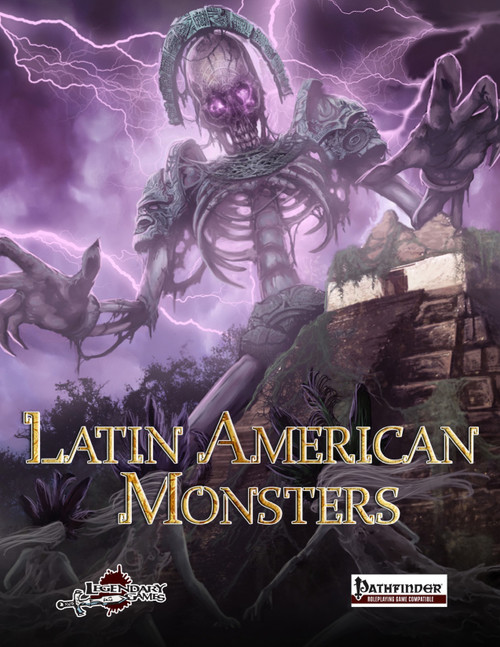 Latin American Monsters PFRPG PDF cover features a skeletal creature with purple eyes and lightning, against a dark stormy background, showcasing 132 pages of Pathfinder Roleplaying Game creatures from Central and South America and the Caribbean.