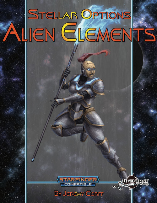 Stellar Options #23: Alien Elements PDF, Starfinder compatible book cover featuring a space warrior in silver armor, starry background, with brand logo Jeremy Corff and text describing Unobtainium, eldritch elements and aetheric rules expansions.