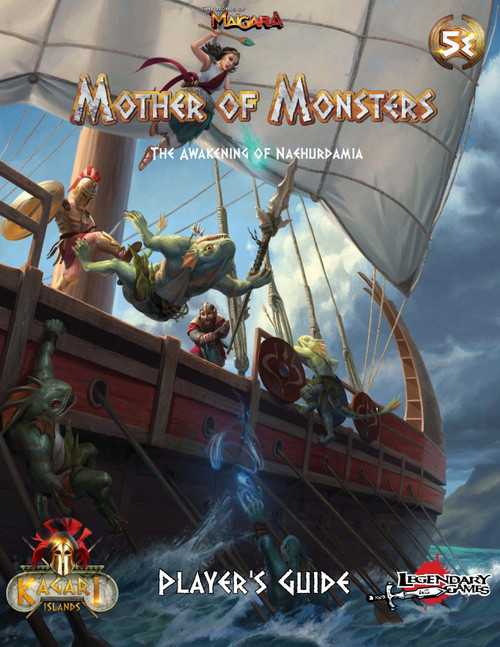 Mother of Monsters Player's Guide (5E) PDF, 64-page Dungeons & Dragons resource featuring Greek mythology-inspired art and logos from Legendary Games and KaGen, showcasing mythical creatures and island settings in color.