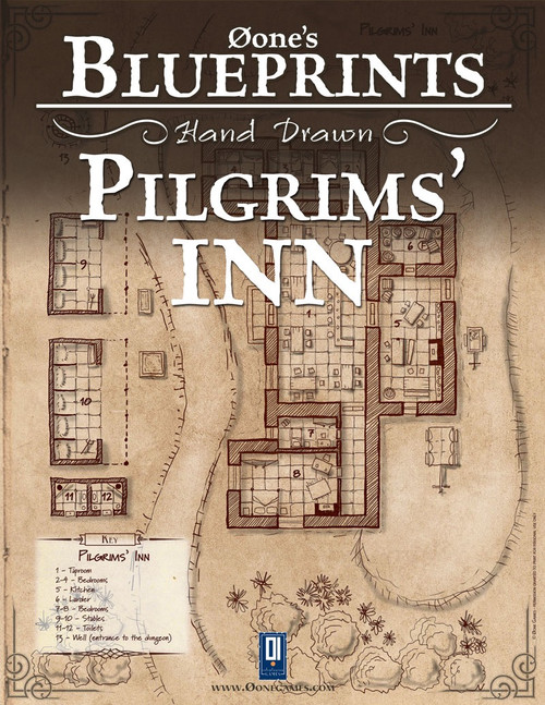 Øone's Blueprints Hand Drawn Pilgrim’s Inn PDF map, a vintage-style illustration with brown tones, showcasing the inn's layout and design in high detail, available as a digital PDF file for easy reference.