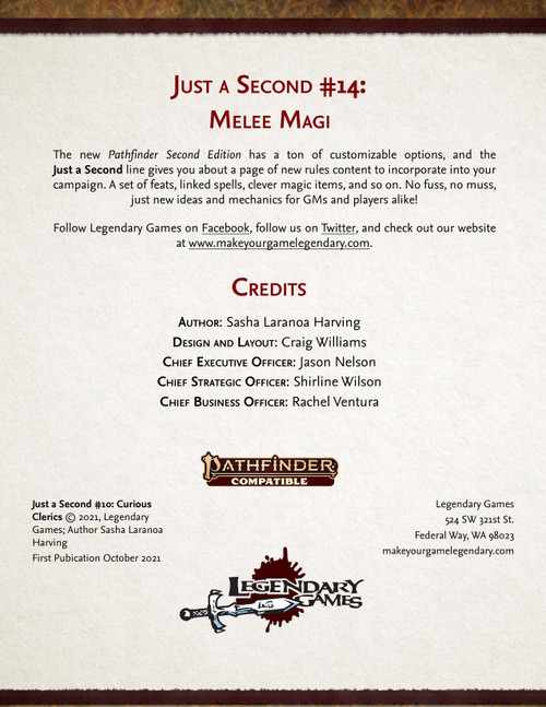 Melee Magi PDF for Pathfinder Second Edition, featuring new combat studies, 10 feats, and focus spells in a customizable game, including designs from Legendary Games and author Sasha Laranoa Harving with Craig Williams' design work.