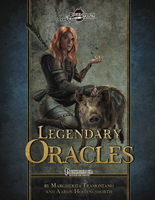 Legendary Oracles PDF, Omens of Power book cover featuring a red-haired woman with a boar, gold title on a grey background,  Pathfinder roleplaying game supplement.