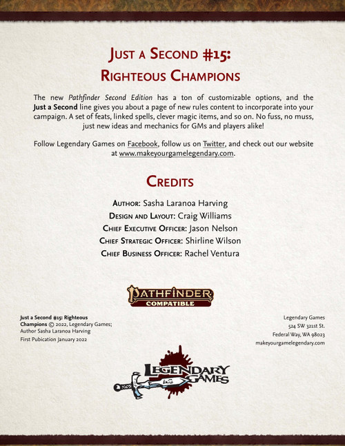 Righteous Champions Pathfinder Second Edition supplement cover art featuring the champion class, with red and brown design on white background by Legendary Games for PF2 gameplay customization options.