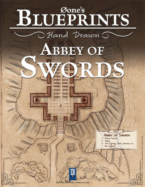 Øone's Blueprints Hand Drawn Abbey of Swords PDF featuring a detailed, hand-drawn fantasy abbey map on brown parchment with a decorative border and layout key, product includes a digital download.