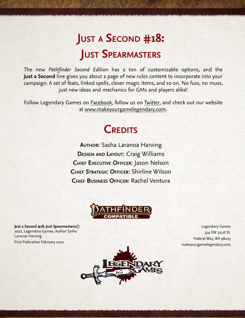 Just Spearmasters PDF cover, featuring Pathfinder Roleplaying Game supplement with champion class options and spear master feats in a green and yellow color scheme, by Legendary Games.