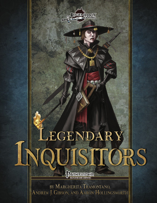 Pathfinder supplement cover, Legendary Inquisitors PDF, a medieval inquisitor in black and red gear, gold accents, on a dark background.