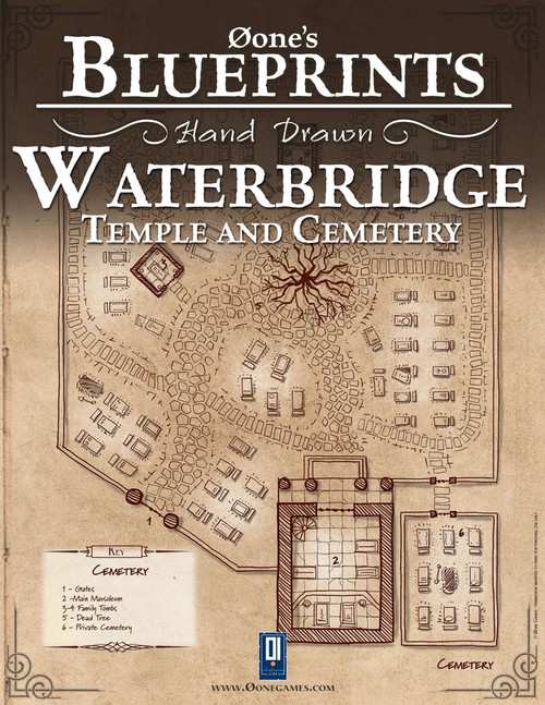 Øone's Blueprints Hand Drawn Waterbridge Temple and Cemetery map in sepia tones, detailed PDF featuring temple and cemetery layouts with labels, decorative borders and Øone's classic style, measuring a certain size.