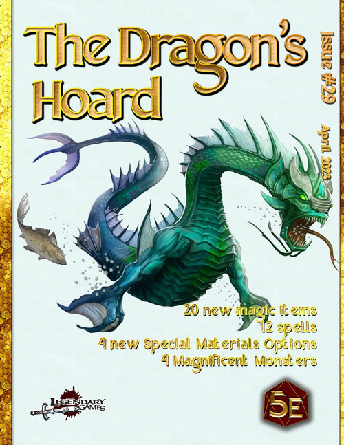 Colorful 5th Edition D&D digital cover features The Dragon's Hoard #29, a vibrant green dragon amidst magical items, including an amanuensis scroll, hourglass of anticipation, and dueling wand, with gold accents.