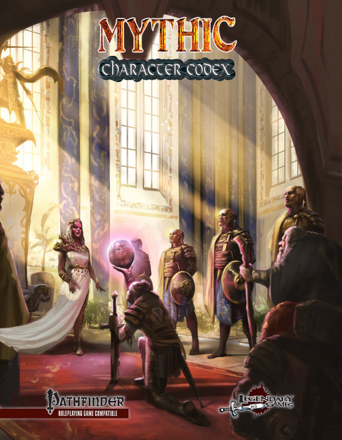 Pathfinder Mythic Character Codex PDF, Heroes of Legend Arise, featuring fantasy characters, magic, swords, and armor in a grand hall setting, a comprehensive guide with 2000+ new rules elements and expansions.